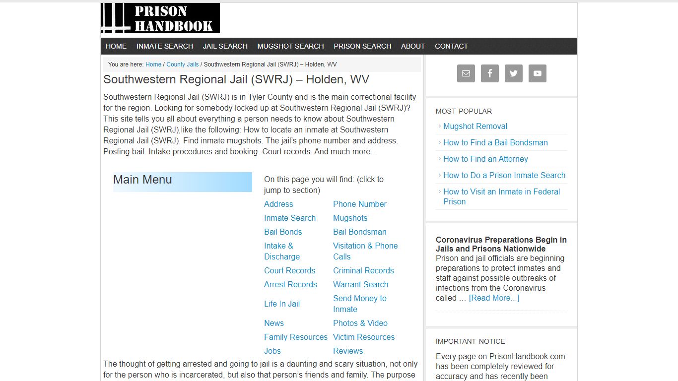 Southwestern Regional Jail (SWRJ) – Holden, WV - Prison Handbook